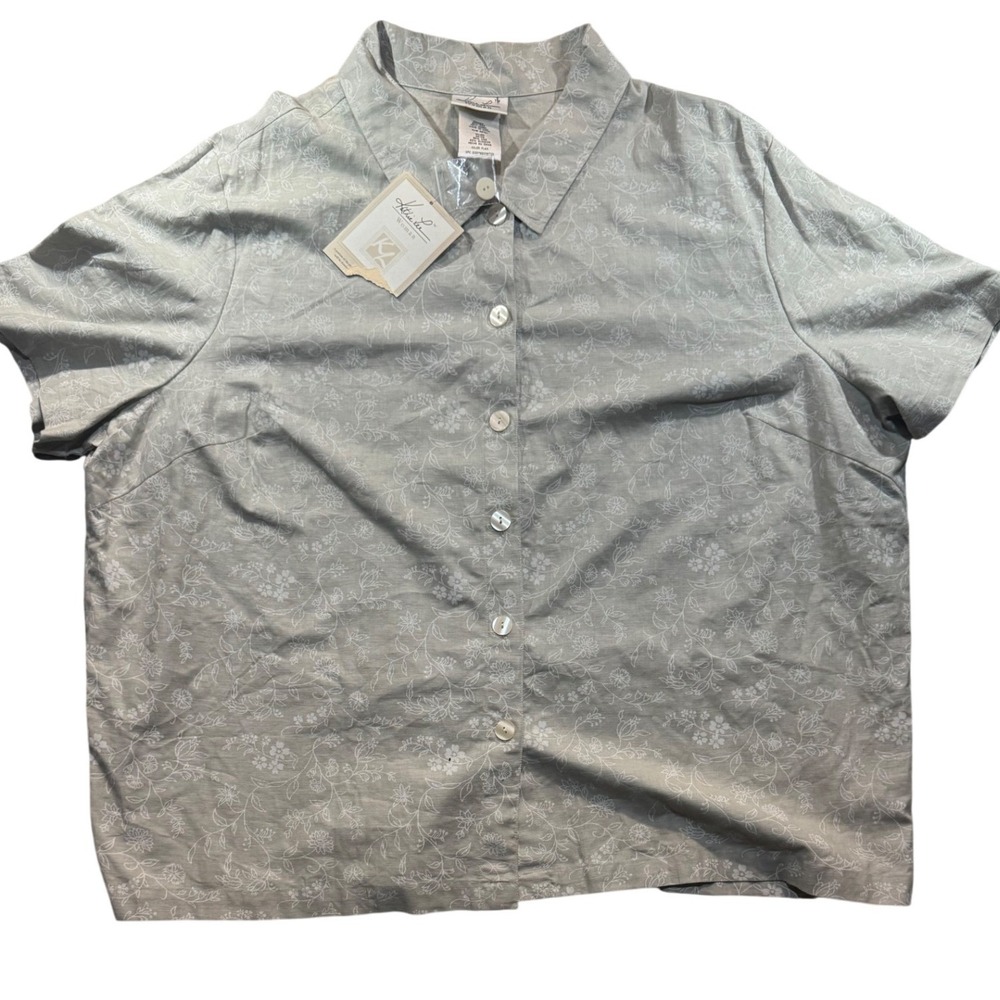 Kathie Lee Woman Linen Blend Floral Print Button Up Shirt Top Beige‎ 26W/28W